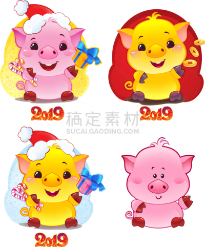 猪,泥土,黄色,2019,新年前夕,可爱的,胡椒薄荷,圣诞帽,十二生肖,问候
