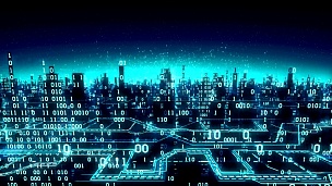 鸟瞰抽象的未来主义二元城市，高科技背景，数字阵列连接到全球网络，矩阵，无缝环路，阿尔法哑光
