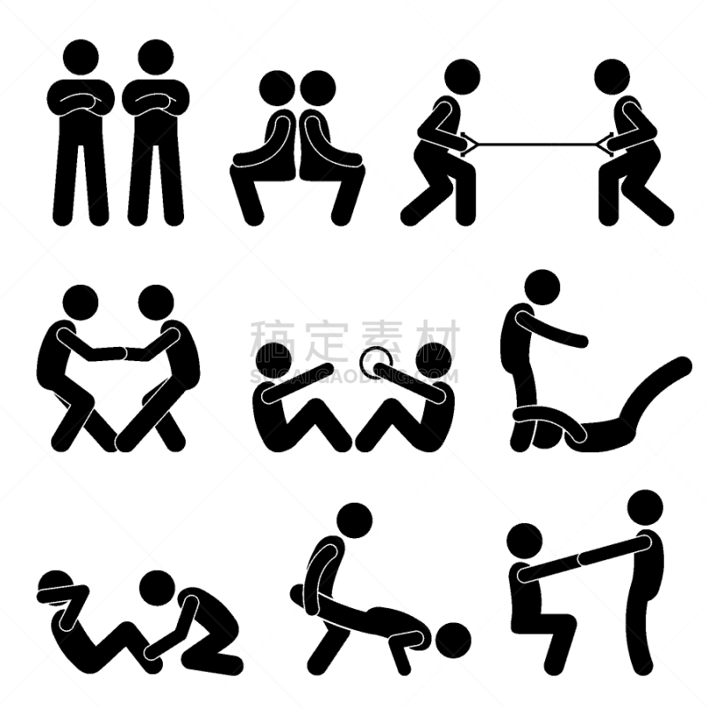 简笔人物画,腰部,分离着色,人,绳子,男人,运动,合伙,锻炼,背靠背