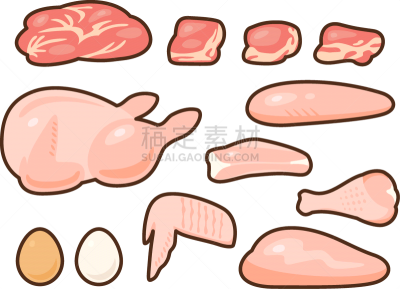 多样,线条画,绘画插图,生食,鸡肉,线条,背景分离,简单,白肉,阴影