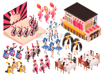 酒店歌舞表演,舞台,管弦乐队,胸衣,夜总会,流行音乐会,女人,餐馆,舞蹈,等角投影