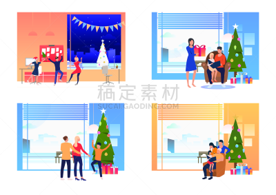 绘画插图,人,请柬,贺卡,背景分离,家庭,新年前夕,模板,现代