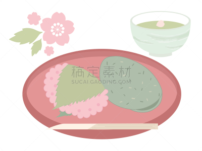 绘画插图,樱之花,饮料,绿茶,日本点心,日本食品,食品,茶杯,餐具