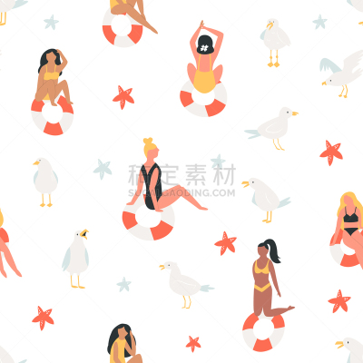 四方连续纹样,绘画插图,矢量,夏天,女孩,自然美,度假