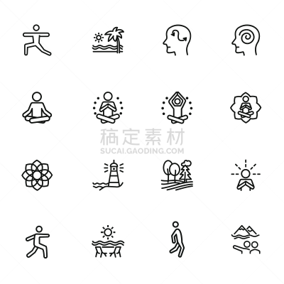 瑜伽,图标集,线条,专心,背景分离,弹性,肖像,环境,健康,天气