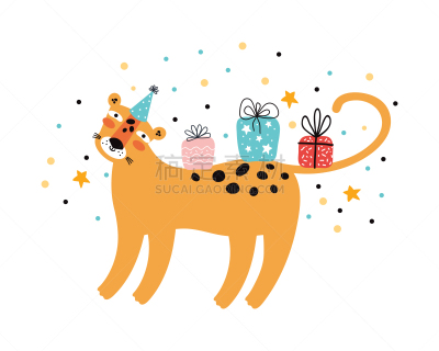 帽子,矢量,乐趣,生日,动物,野生猫科动物,绘画插图,美洲豹,聚会,礼物