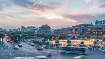 延时 古西安鼓楼古洛中国日落