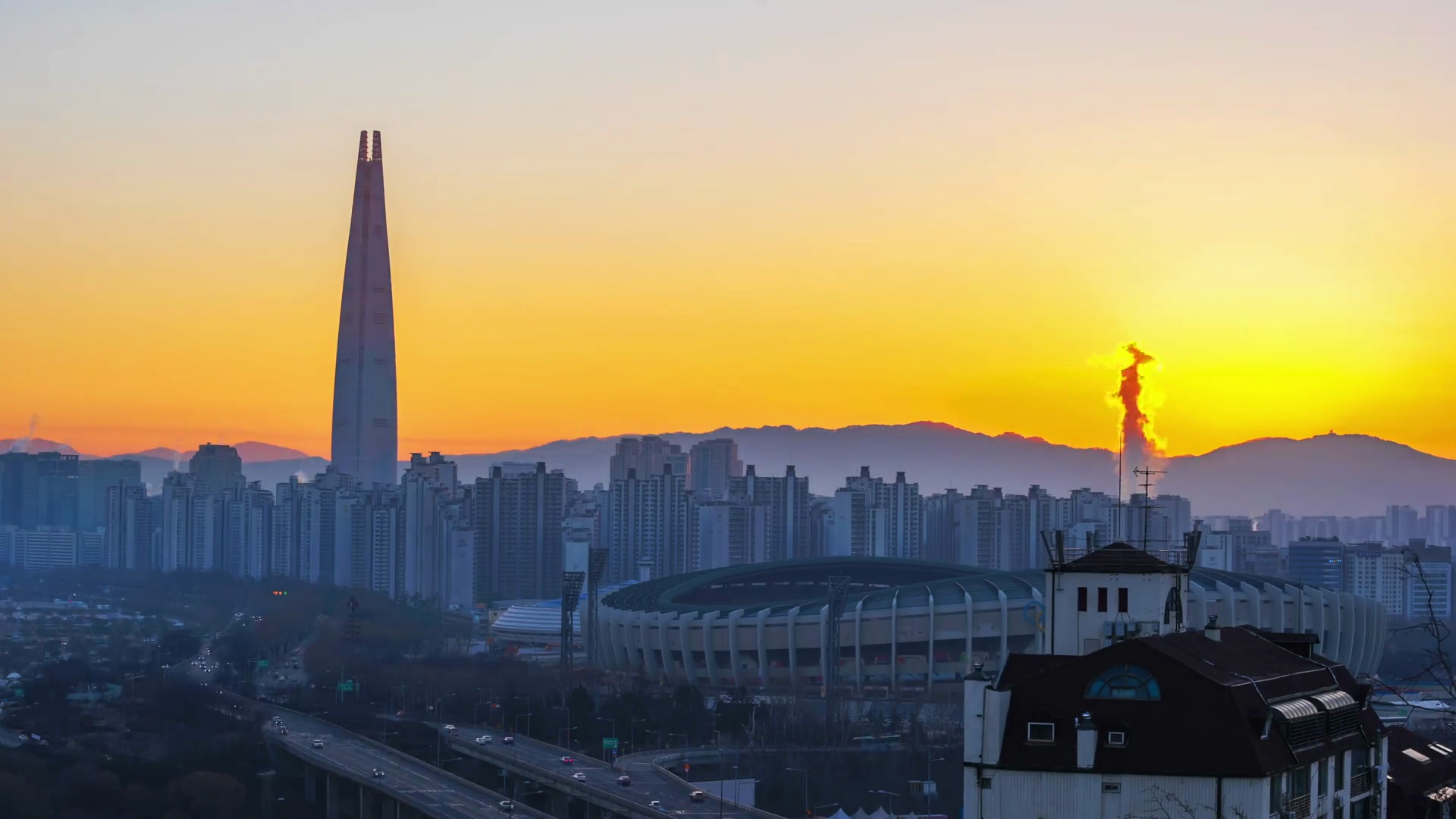 韩国首尔城市天际线的延时摄影