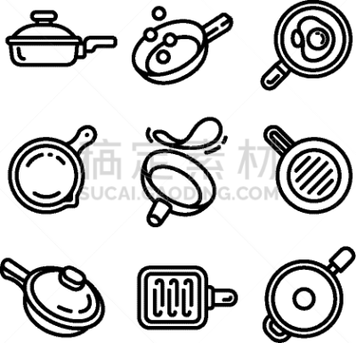 轮廓,煎饼锅,图标集,热,直的,食品,炊具,烹调用具,烹调,油炸