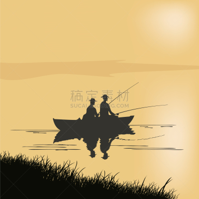 船,渔夫,两只动物,深的,夜晚,海洋,草,矢量,湖,喂养
