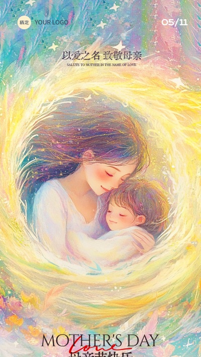 母亲节梦幻光感母亲抱孩子背景全屏海报AIGC