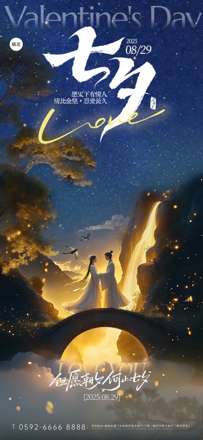 七夕节创意光影牛郎织女相会场景海报AIGC