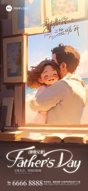 父亲节温馨光感父女拥抱插画祝福海报AIGC预览效果