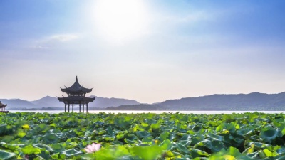 西湖莲花田附近的旧式建筑，有阳光。时间间隔