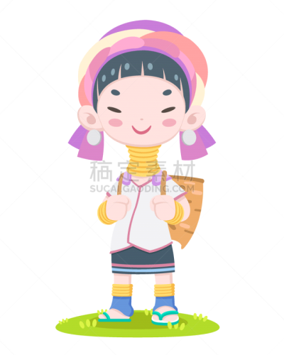 可爱的,长的,女人,绘画插图,长颈族,颈,幸福,时尚,传统,黄铜