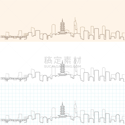 城市天际线,南京,江苏省,铅笔,亚洲,矢量,侧面像,绘制,剪影