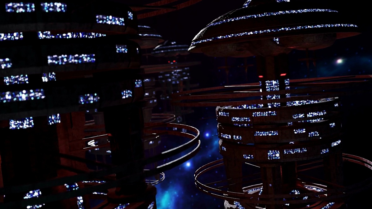 飞过一支未来派空间站的舰队。3D渲染