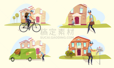 绘画插图,平坦的,邮政工作人员,矢量,职业,舞台,背景分离,信函,邮局,自行车