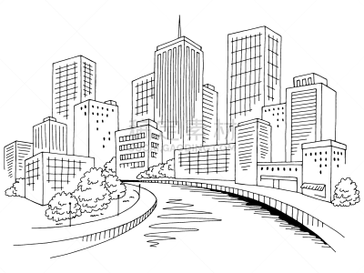 河流,草图,绘画插图,城市,都市风景,城市天际线,白色,矢量,黑色,插画