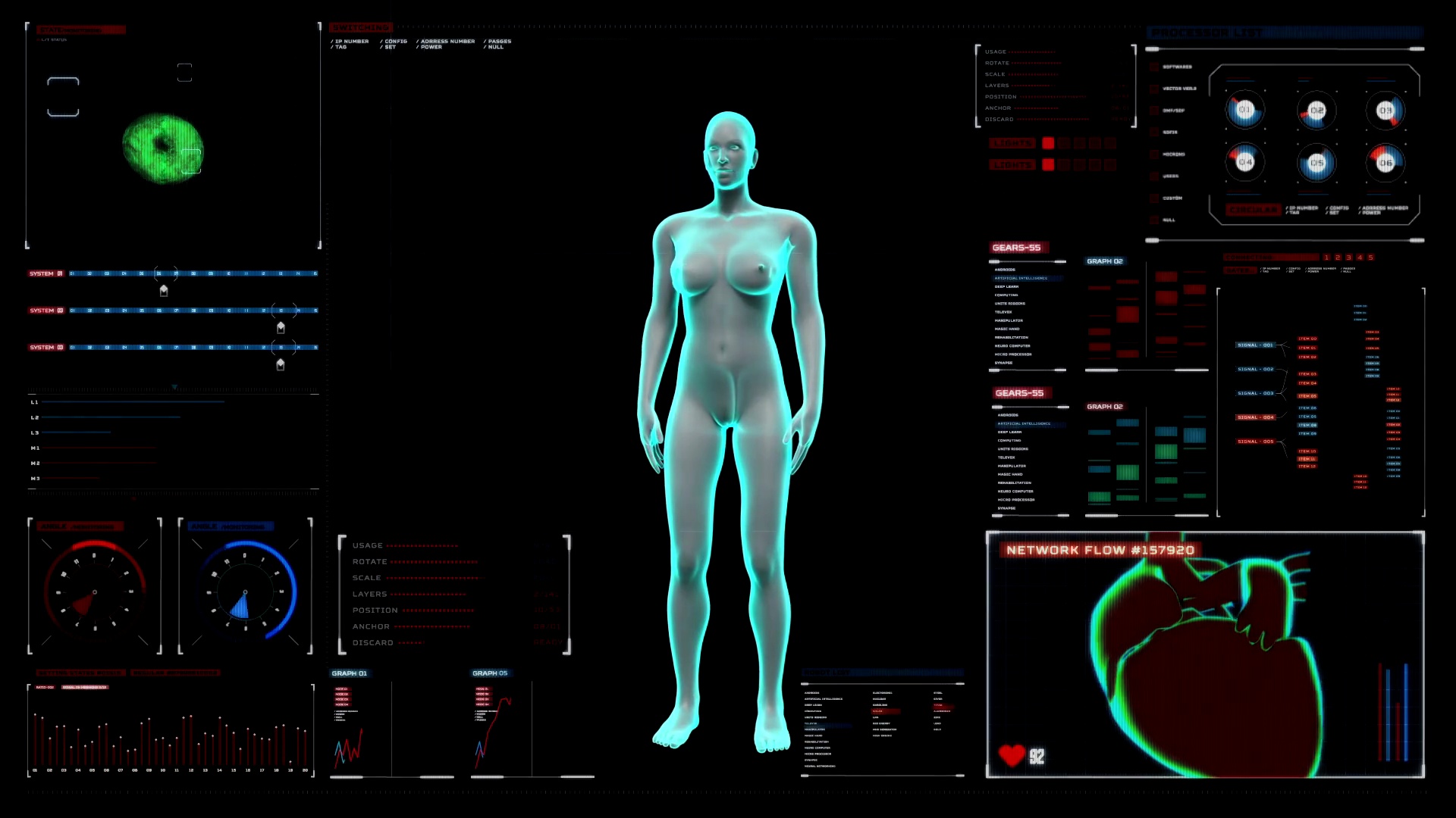 数字显示仪表盘中的女性人体扫描淋巴系统。