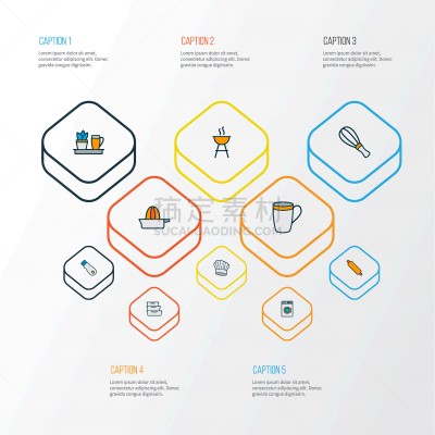 cooking icons colored line set with mug food