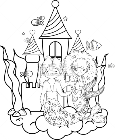 水下,伴侣,城堡,美人鱼,可爱的,水瓶座,飘然,家庭,女人,梦想