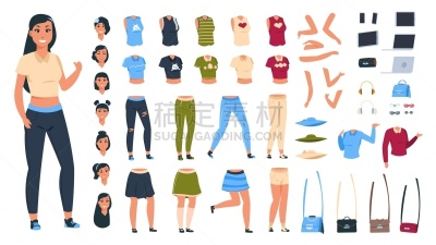 卡通,衣服,矢量,动画片,女人,注视镜头,天气,布置,收集