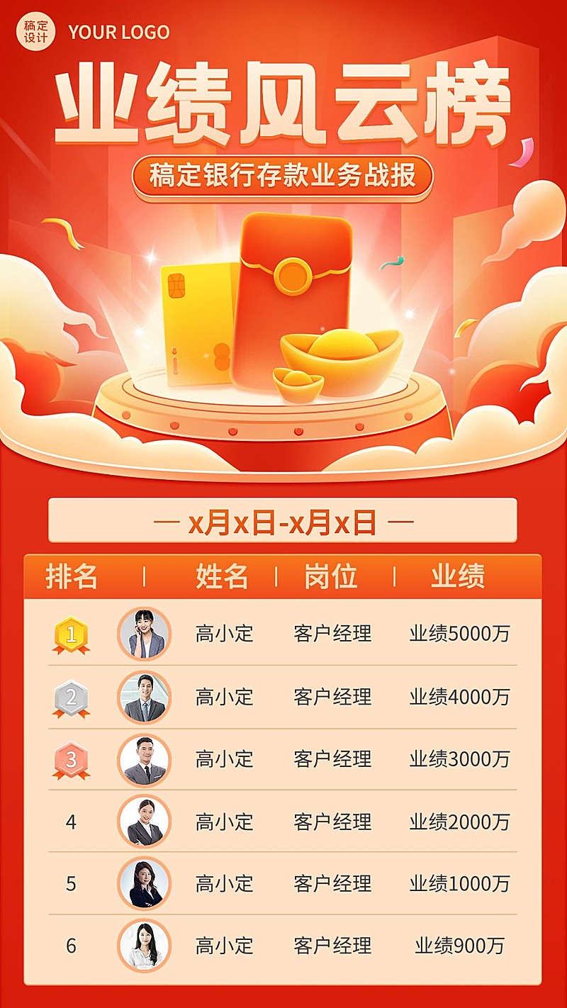 金融银行存款业绩战报排行榜喜庆插画手机海报套装