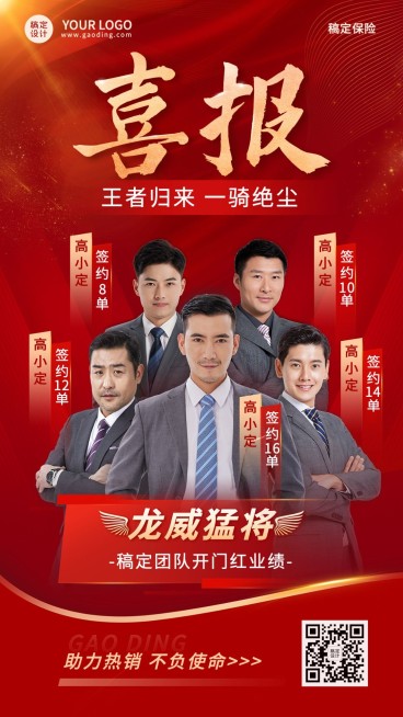 金融保险开门红团队多人表彰喜报喜庆手机海报预览效果