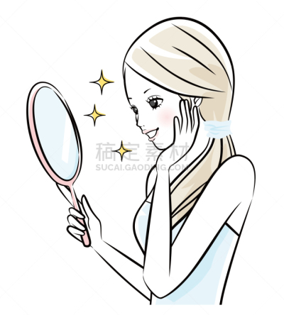 女人,镜子,看,纯净,仅日本人,化妆用品,日本人,人的脸部,绘画插图,日本