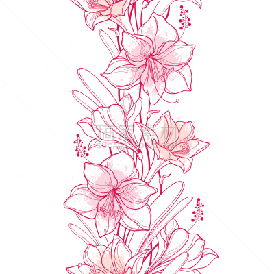 四方连续纹样,轮廓,粉色,垂直画幅,孤挺花,矢量,白色背景,叶子,彩色蜡笔,华丽的