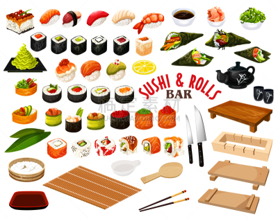 寿司,小圆面包,日本食品,日式烤章鱼丸,图像,刺身船,矢量,分离着色,日本