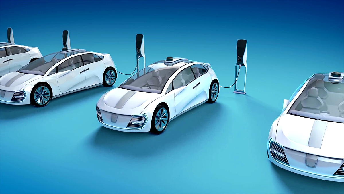 电动自动汽车在充电站充电。3D动画。