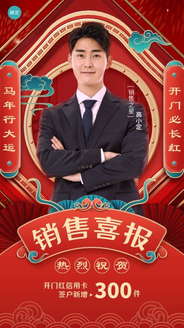 金融银行开门红销售业绩表彰人物喜报轻奢国潮风手机海报预览效果
