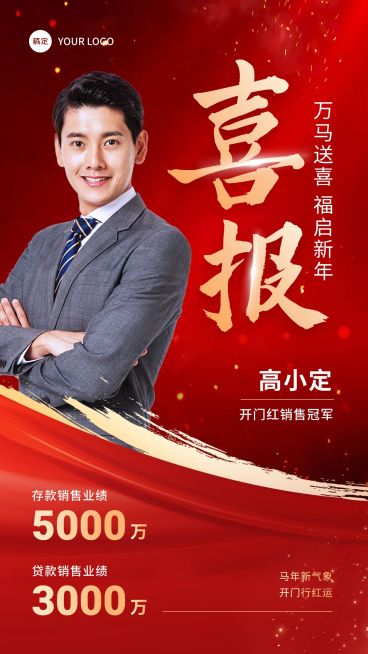 金融银行龙年开门红贷款销售业绩表彰人物喜报喜庆大字手机海报预览效果