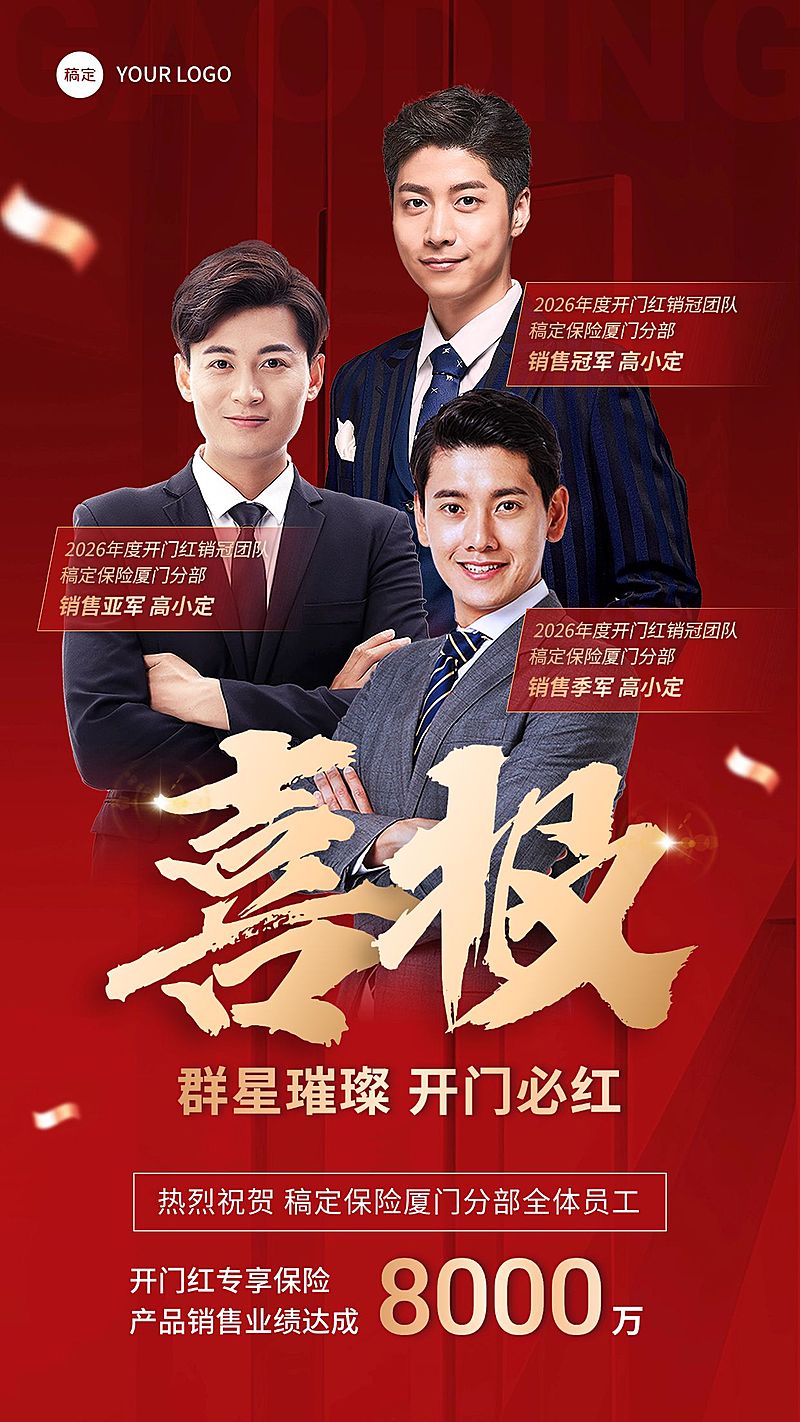 金融保险开门红销售业绩表彰团队喜报贺报红金喜庆手机海报AIGC