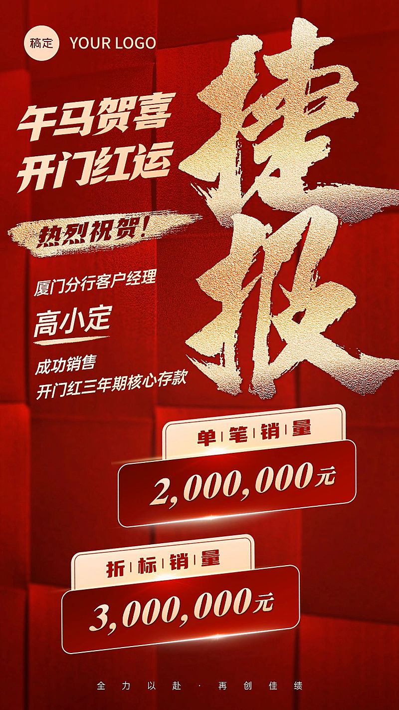 金融保险新年开门红业绩表彰喜报大字创意喜庆手机海报
