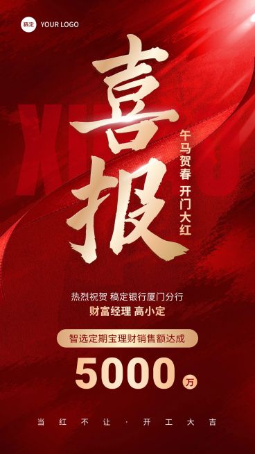 金融银行开门红理财业绩表彰喜报大字喜庆风手机海报预览效果