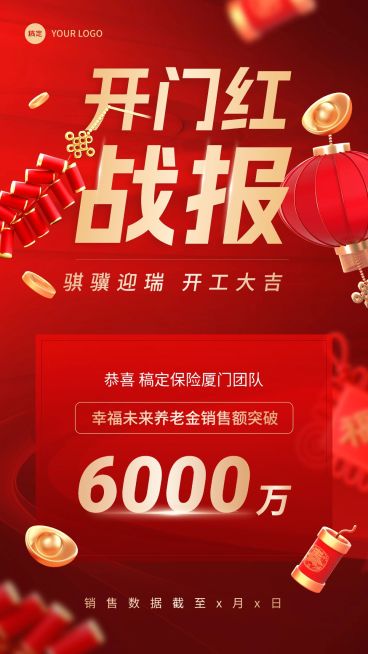 开门红金融保险销售业绩表彰喜报贺报3D喜庆风手机海报预览效果
