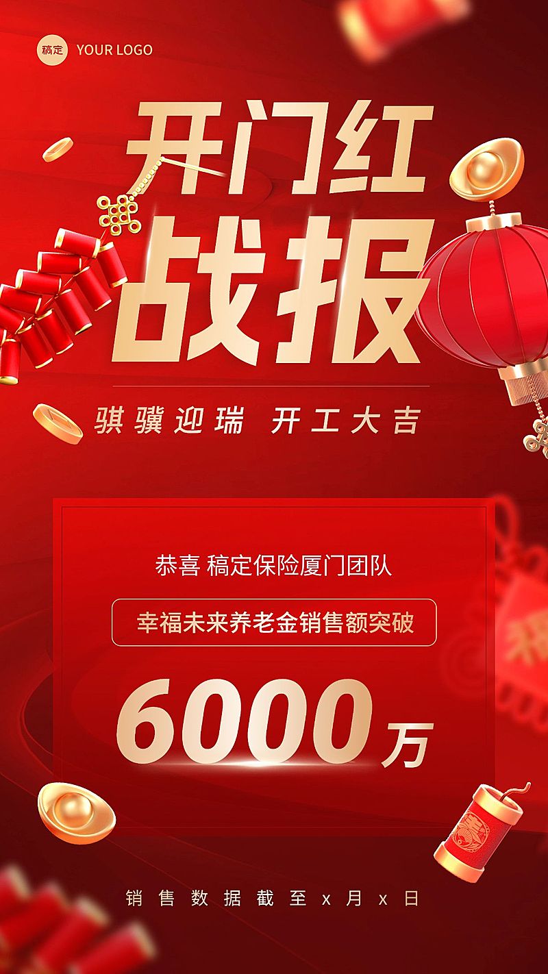 开门红金融保险销售业绩表彰喜报贺报3D喜庆风手机海报