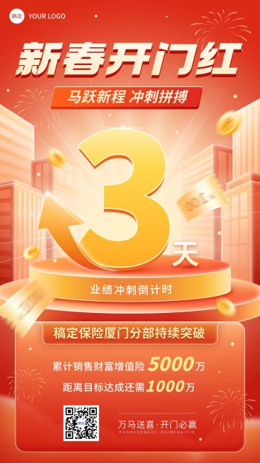 金融保险开门红业绩冲刺倒计时大字手机海报预览效果