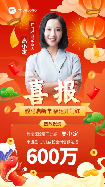 金融保险开门红销售业绩表彰人物喜报国潮风手机海报预览效果