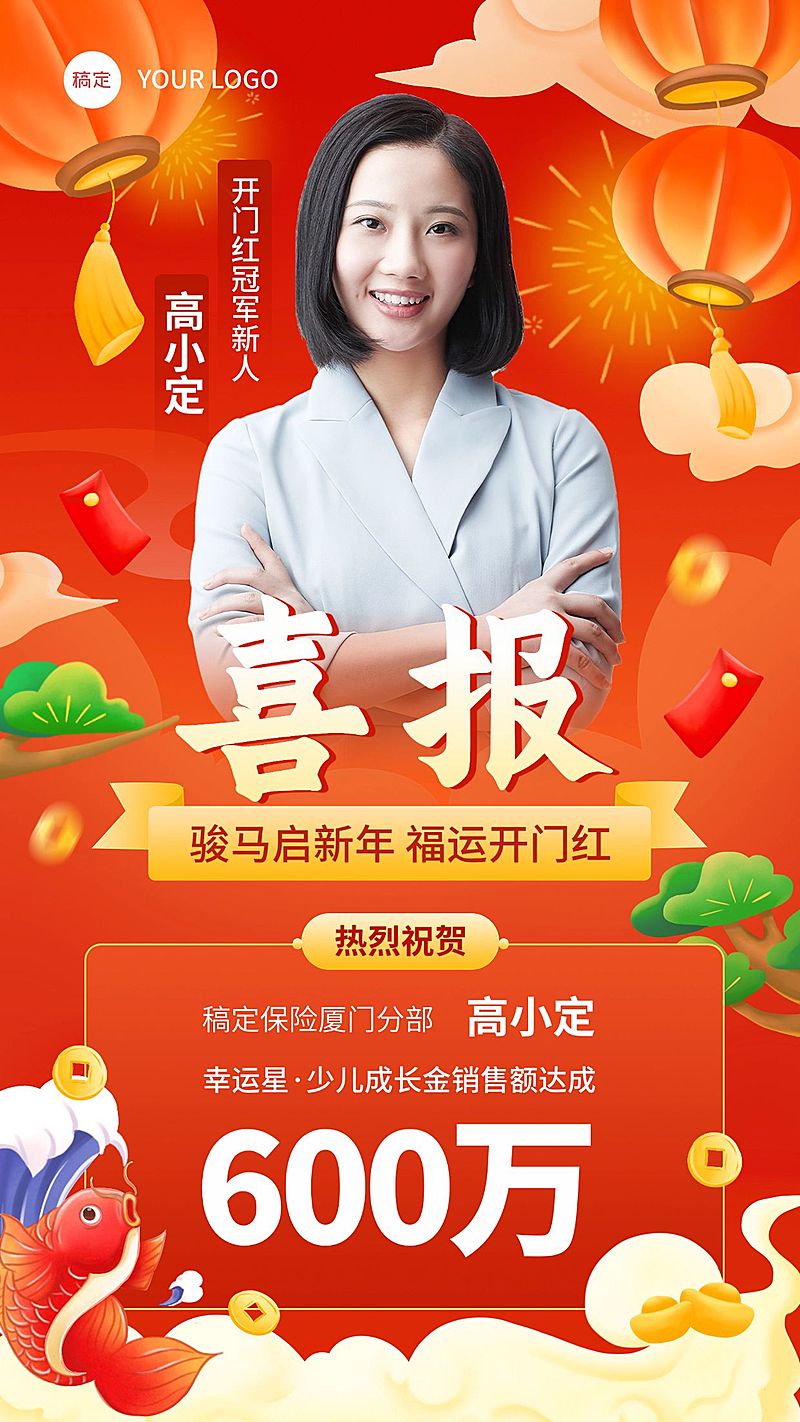 金融保险开门红销售业绩表彰人物喜报国潮风手机海报