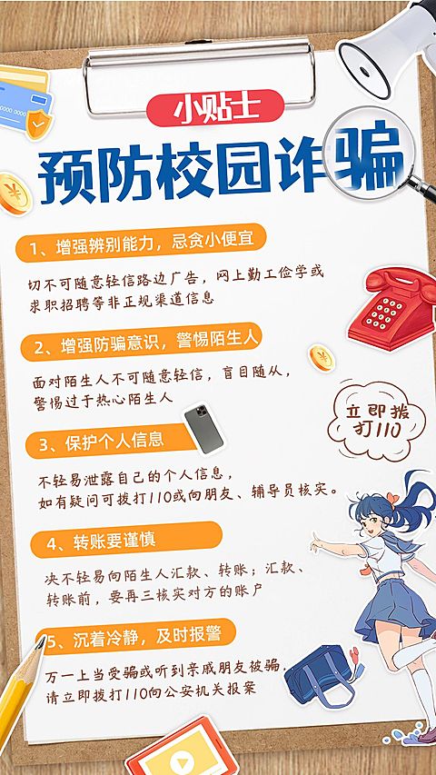 开学季预防校园诈骗宣传拼贴风手机海报