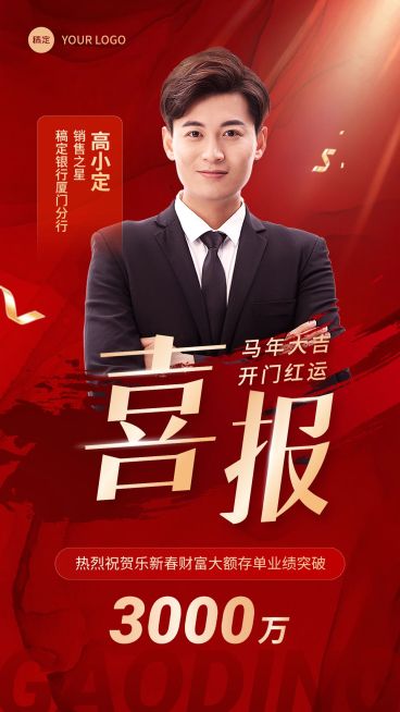 金融银行开门红销售业绩表彰人物喜报贺报喜庆手机海报预览效果