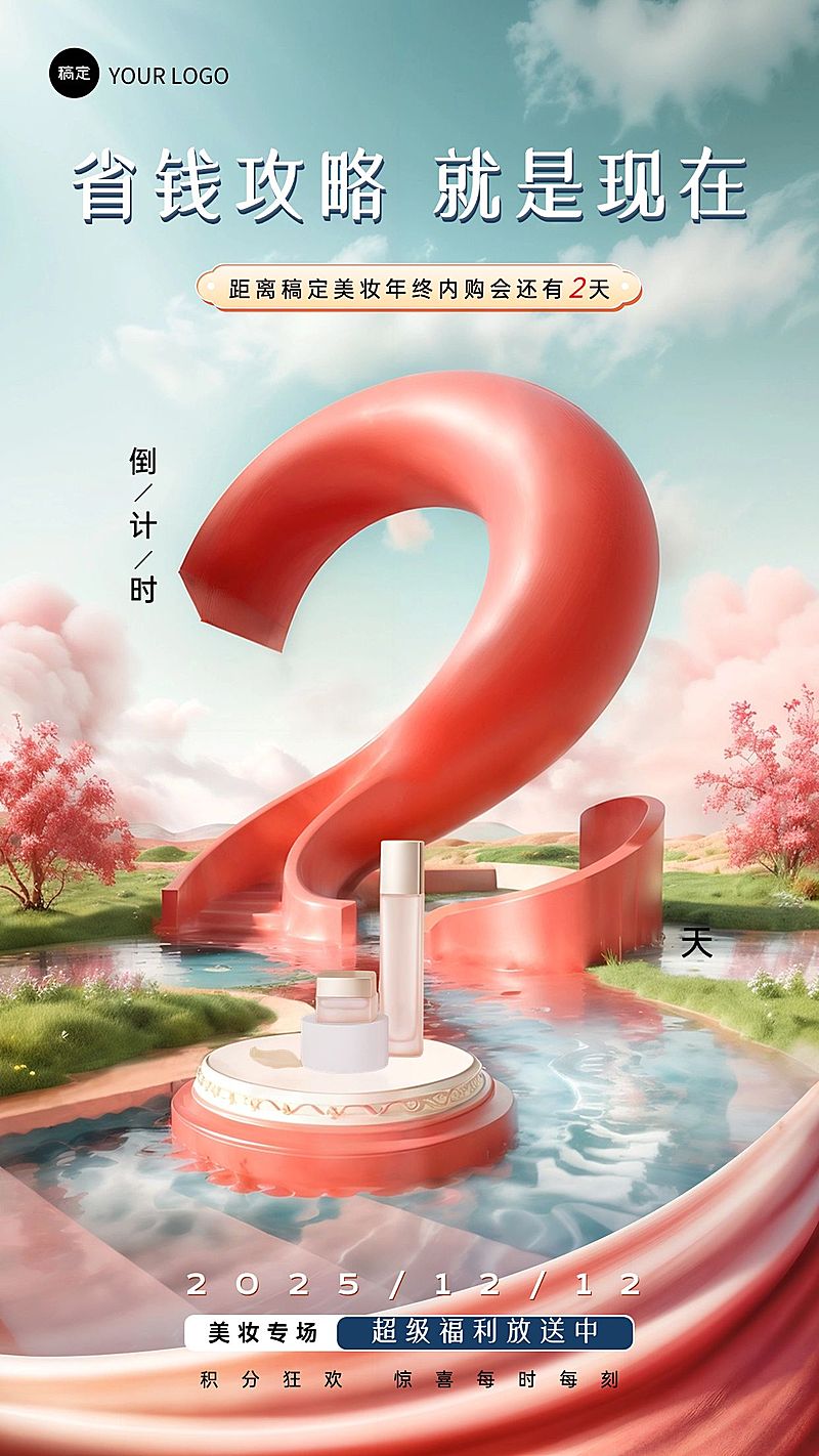 企业员工年终内购会倒计时3D虚拟场景风手机海报AIGC