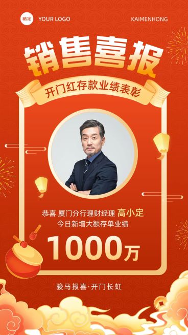 春节开门红金融银行销售业绩表彰人物喜报贺报国潮风手机海报预览效果