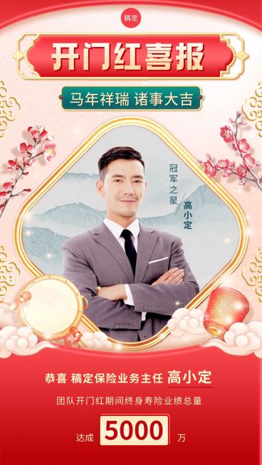 金融保险开门红销售业绩表彰人物喜报轻奢国潮风手机海报预览效果