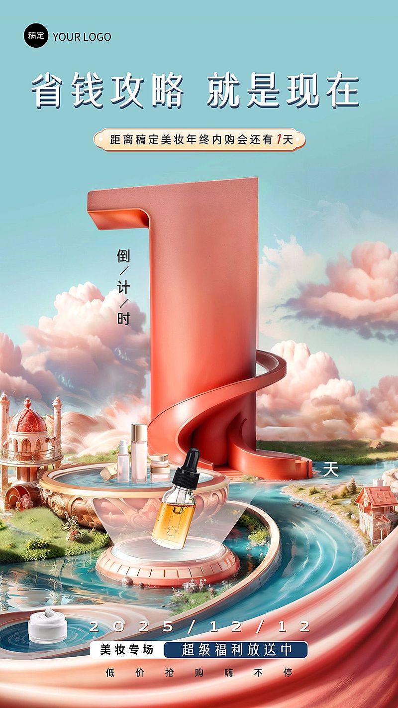 企业员工年终内购会倒计时3D虚拟场景风手机海报AIGC