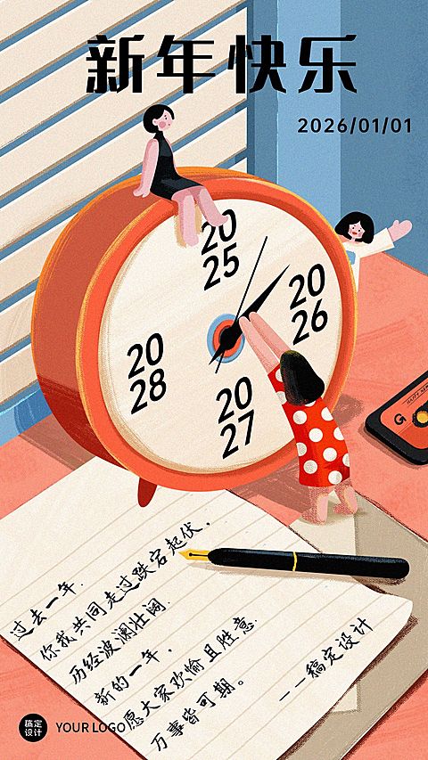 元旦新年微缩小人插画贺卡祝福海报